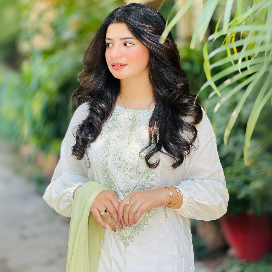 3-piece Embroidered White Lawn Dress with Apple Green Chiffon Dupatta