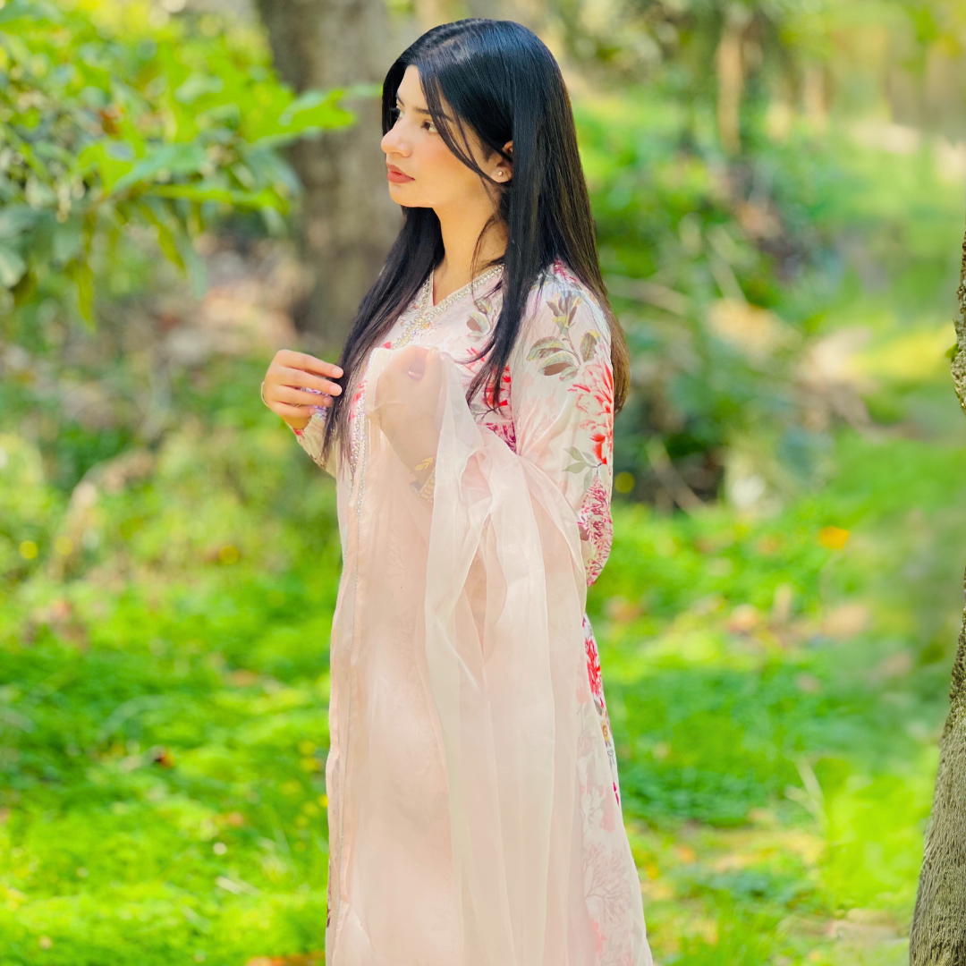 3-piece Bead-worked Pink Printed Chiffon Dress