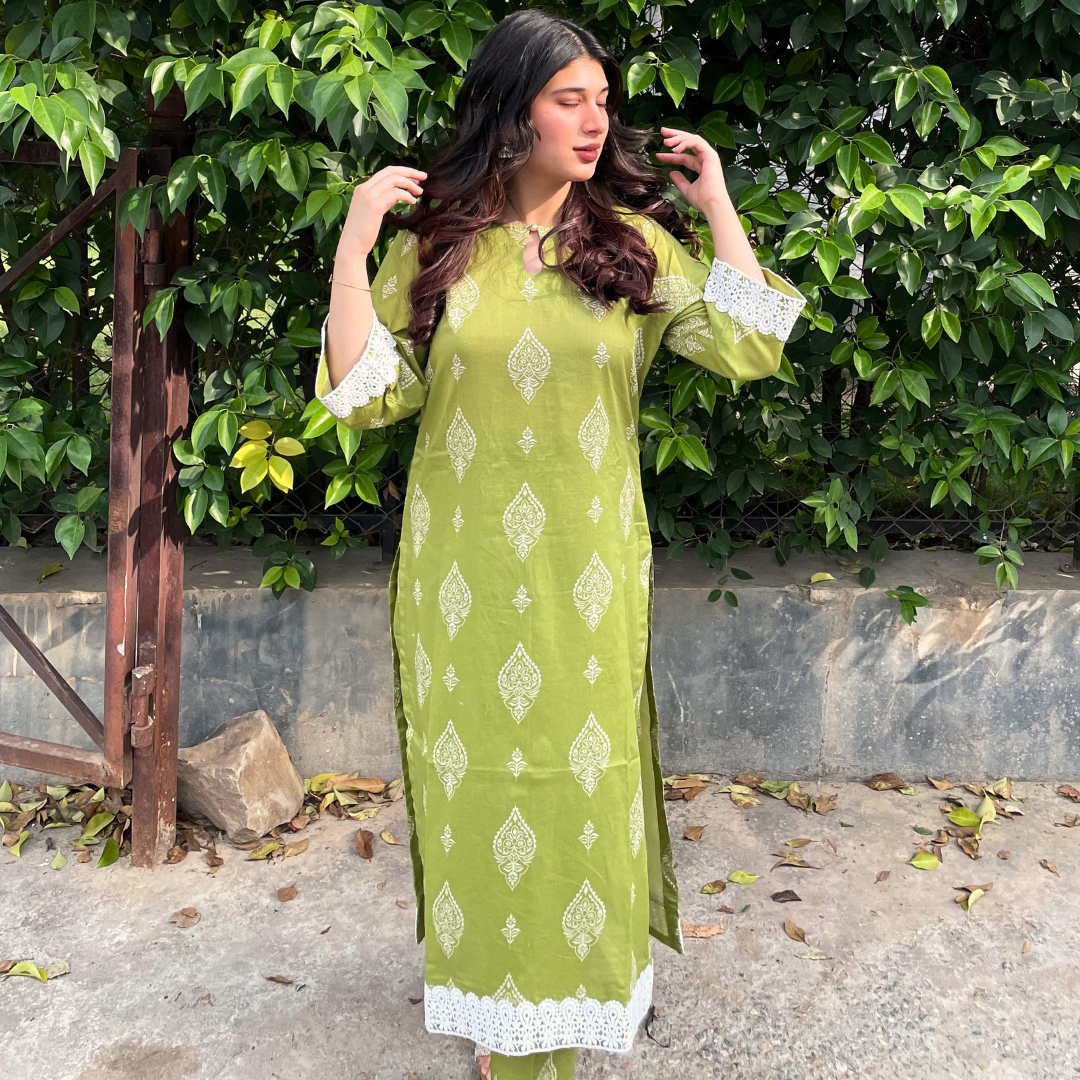 2-piece Digital Printed Green Lawn Dress with Plazo