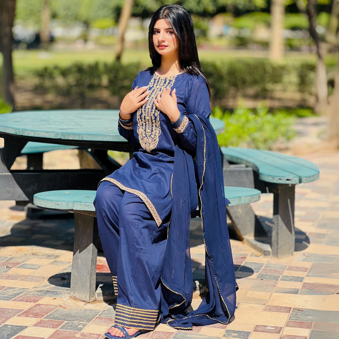 3-piece Embroidered Navy Blue Lawn Short Dress