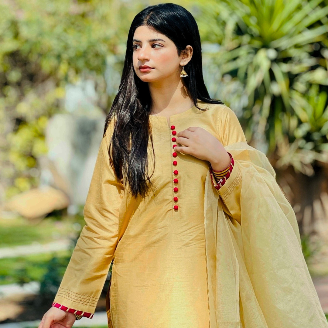 3-piece Embroidered Mustard Yellow Raw Silk Dress