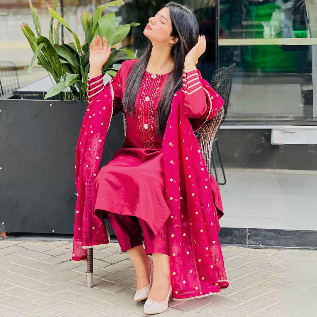 3-piece Embroidered Burgundy Raw Silk Dress