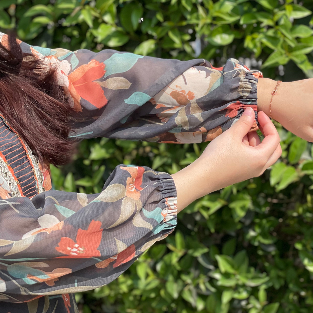 2-piece Printed Chiffon Dark Grey Dress