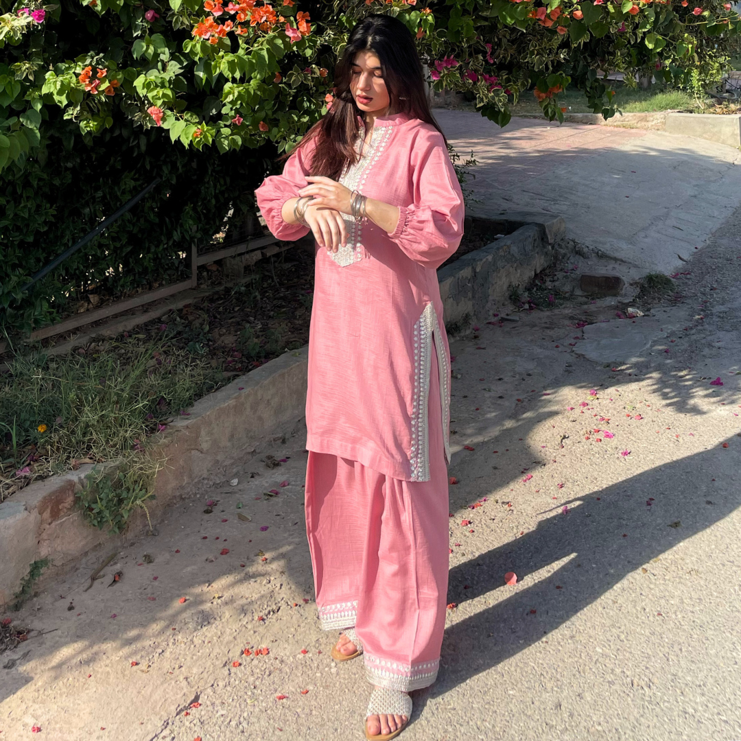 2-piece Embroidered Tea Pink Tarkashi Lawn with Farshi Shalwar