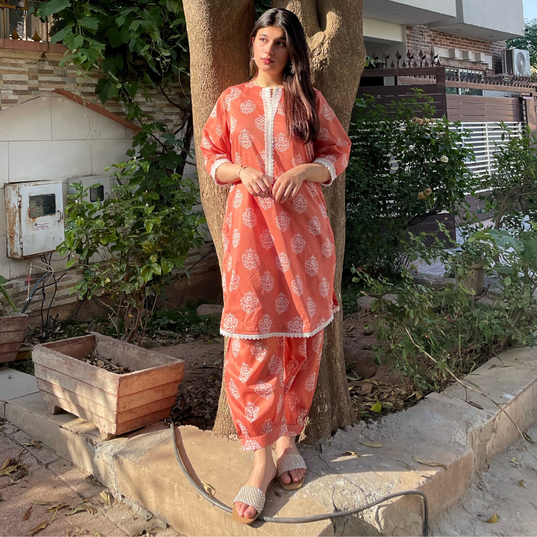 2-piece Printed Coral Lawn Dress with Patyala Style Bottom
