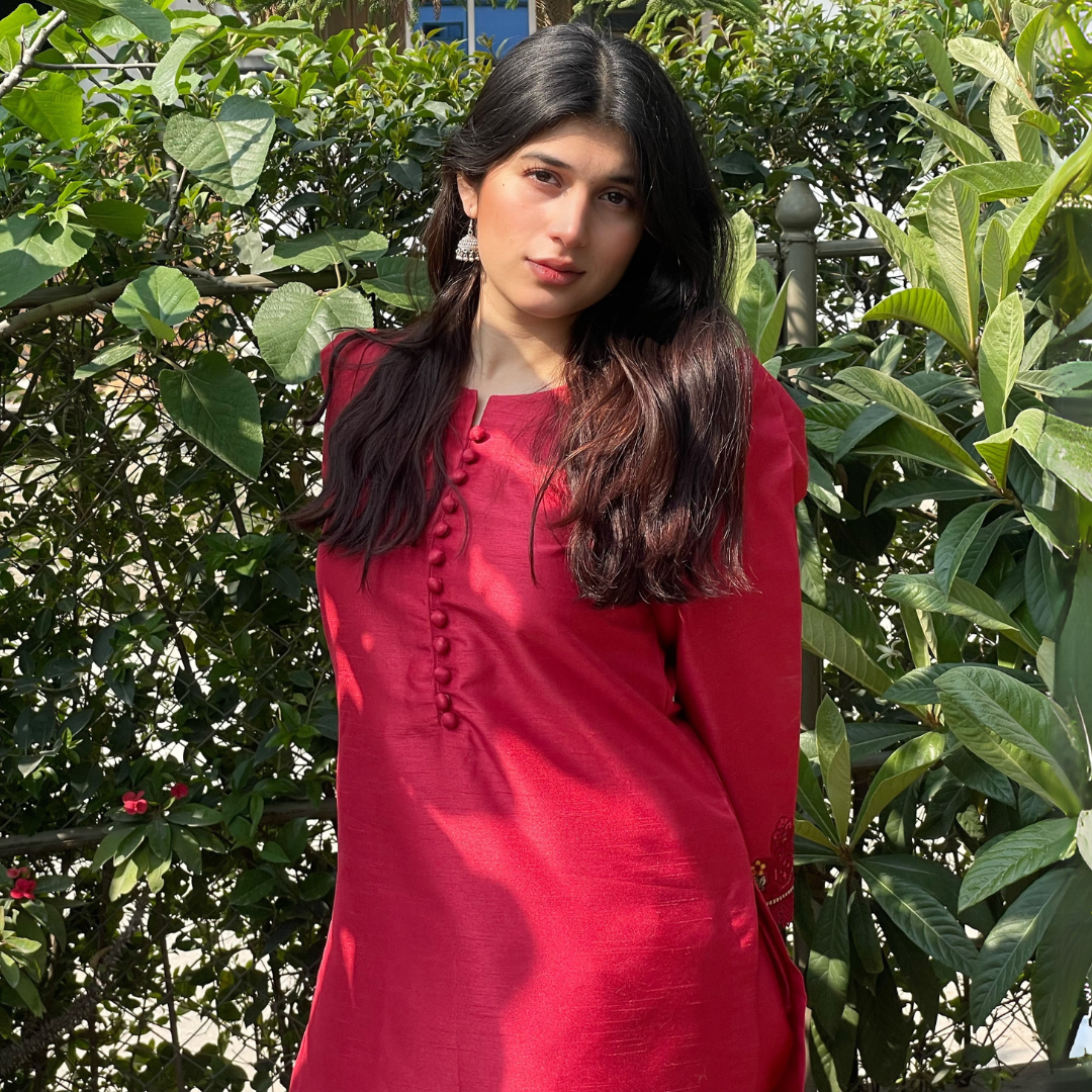 3-piece Embroidered Red Raw Silk Dress