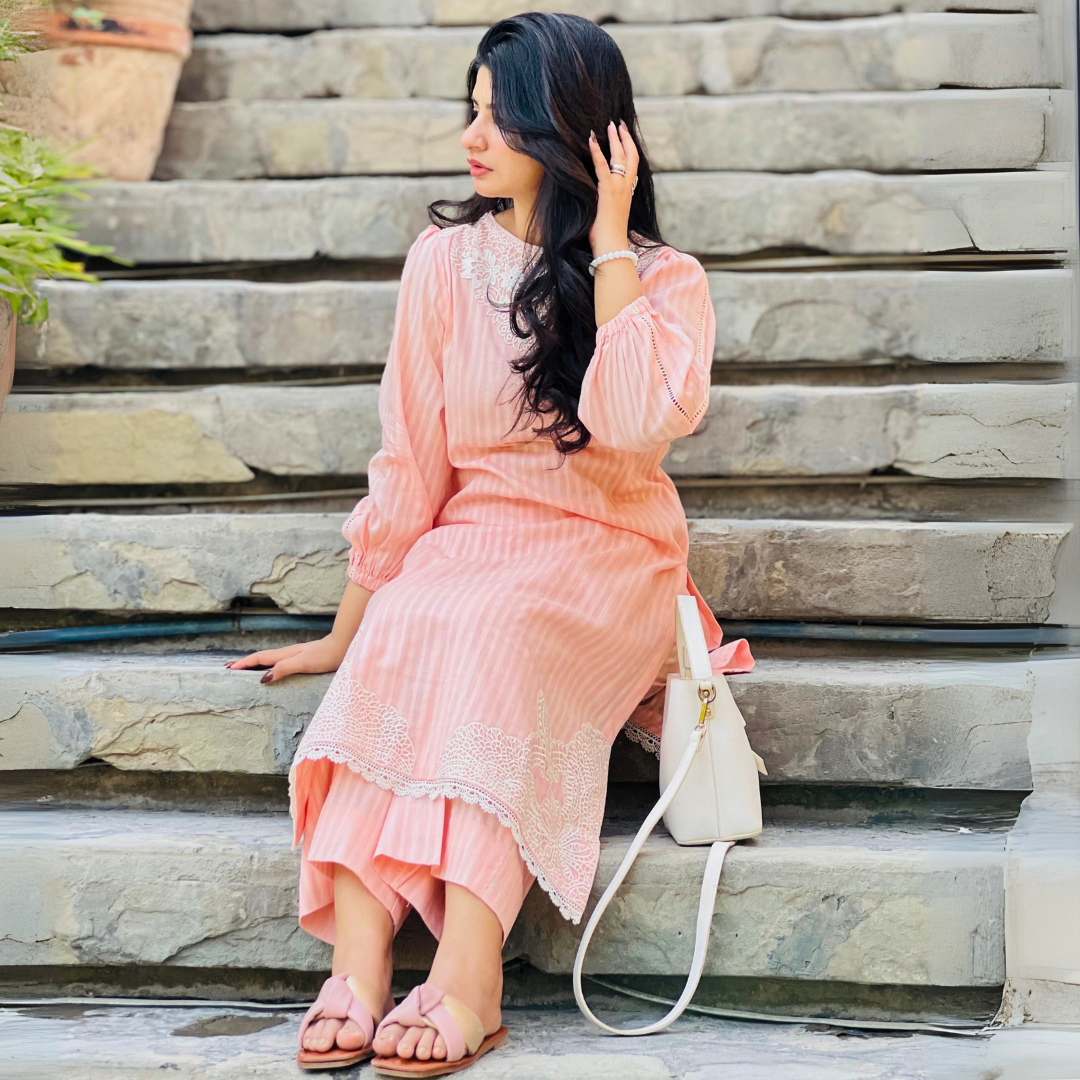 2-piece Peach Self Tarkashi Lawn Dress with Embroidered Patches