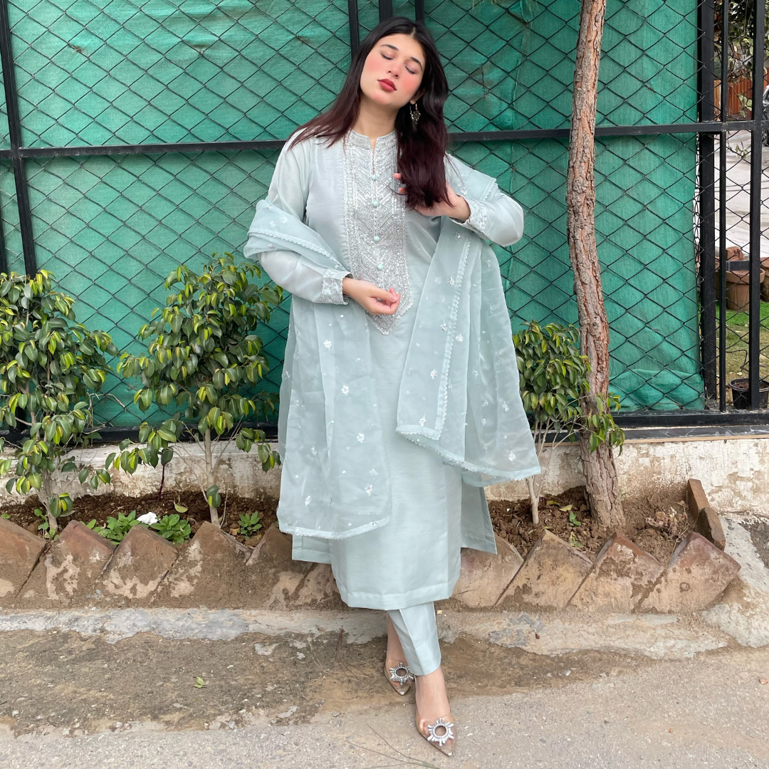 3-piece Embroidered Ice Blue Raw Silk Dress