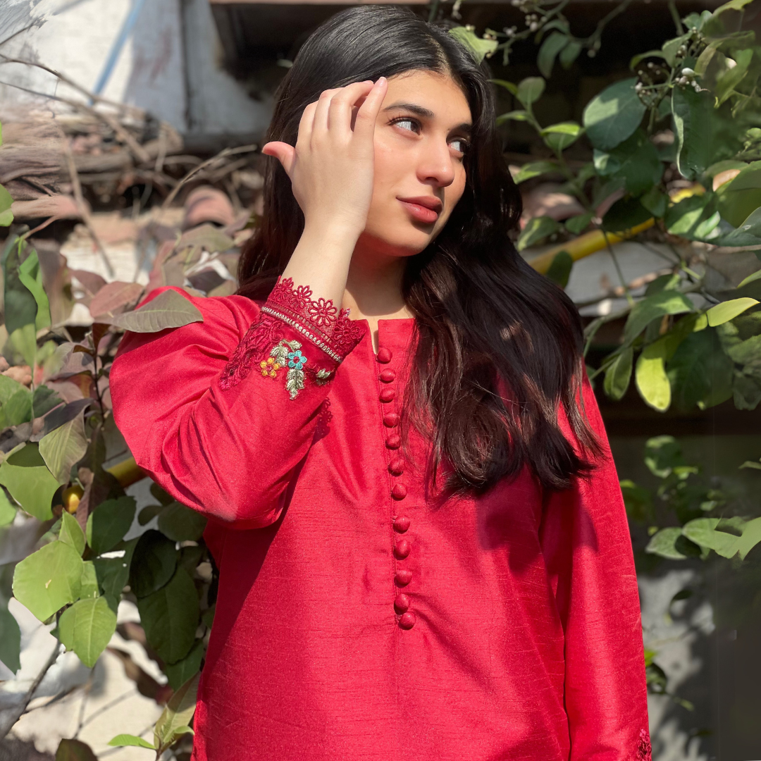 3-piece Embroidered Red Raw Silk Dress