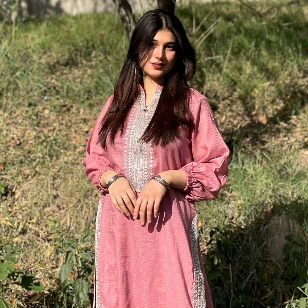 2-piece Embroidered Tea Pink Tarkashi Lawn with Farshi Shalwar