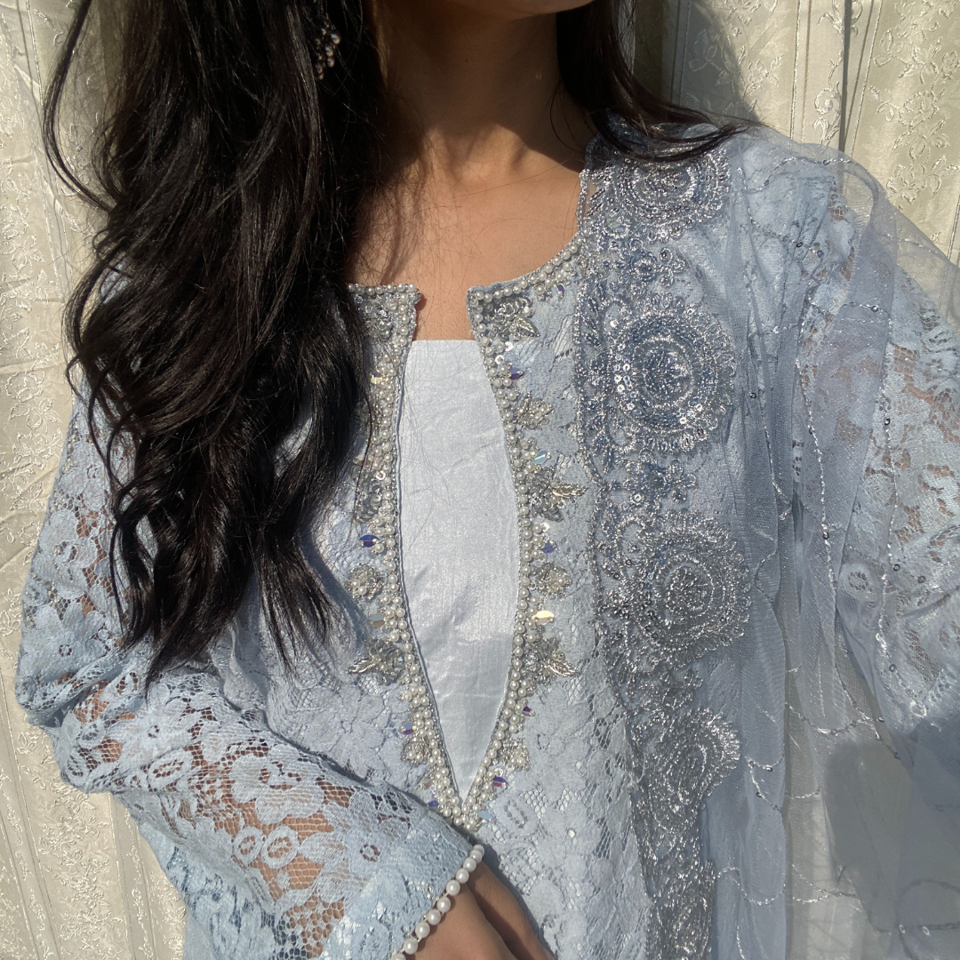 3-piece Hand-worked Light Blue Raw Silk Dress