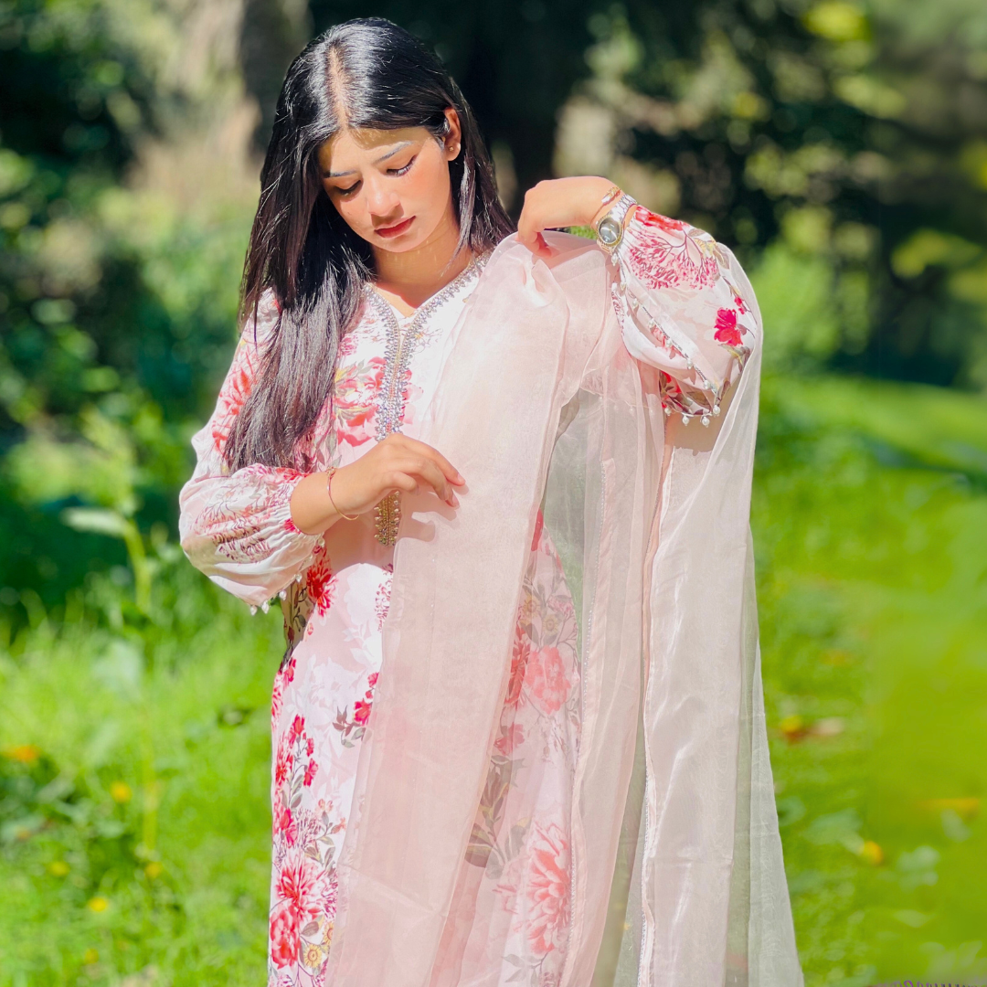 3-piece Bead-worked Pink Printed Chiffon Dress