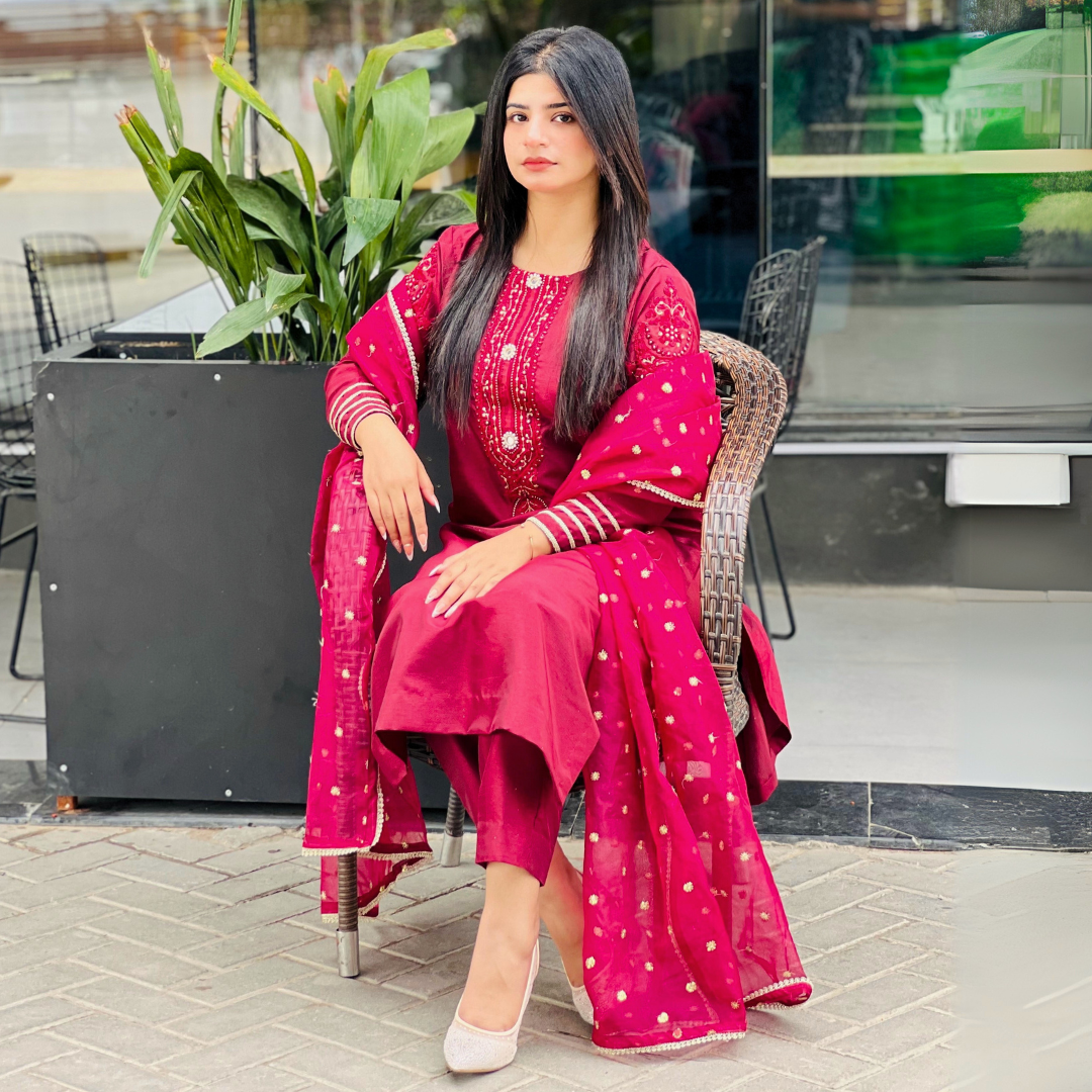 3-piece Embroidered Burgundy Raw Silk Dress