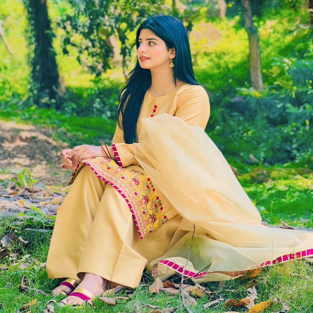 3-piece Embroidered Mustard Yellow Raw Silk Dress