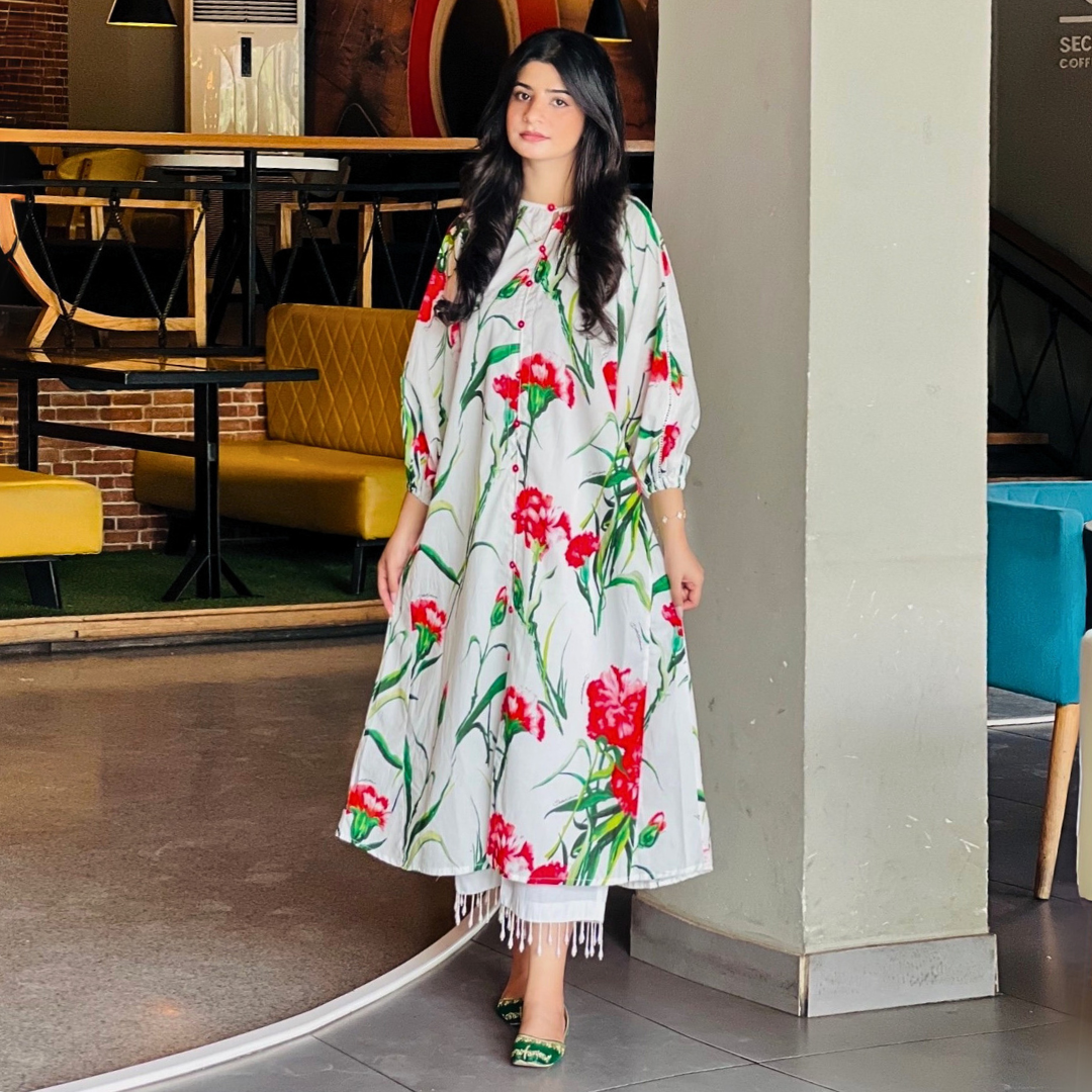 1-piece Digital Printed White Lawn Long Shirt