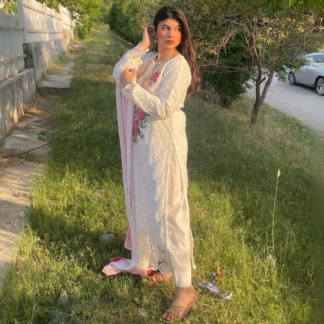 3-piece Embroidered White Crochet Net Dress with Lawn Inner