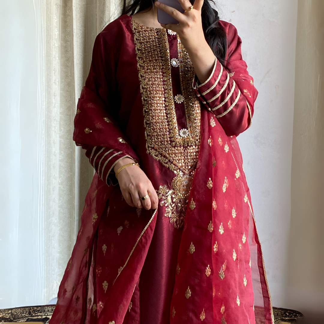 3-piece Embroidered Maroon Raw Silk Dress