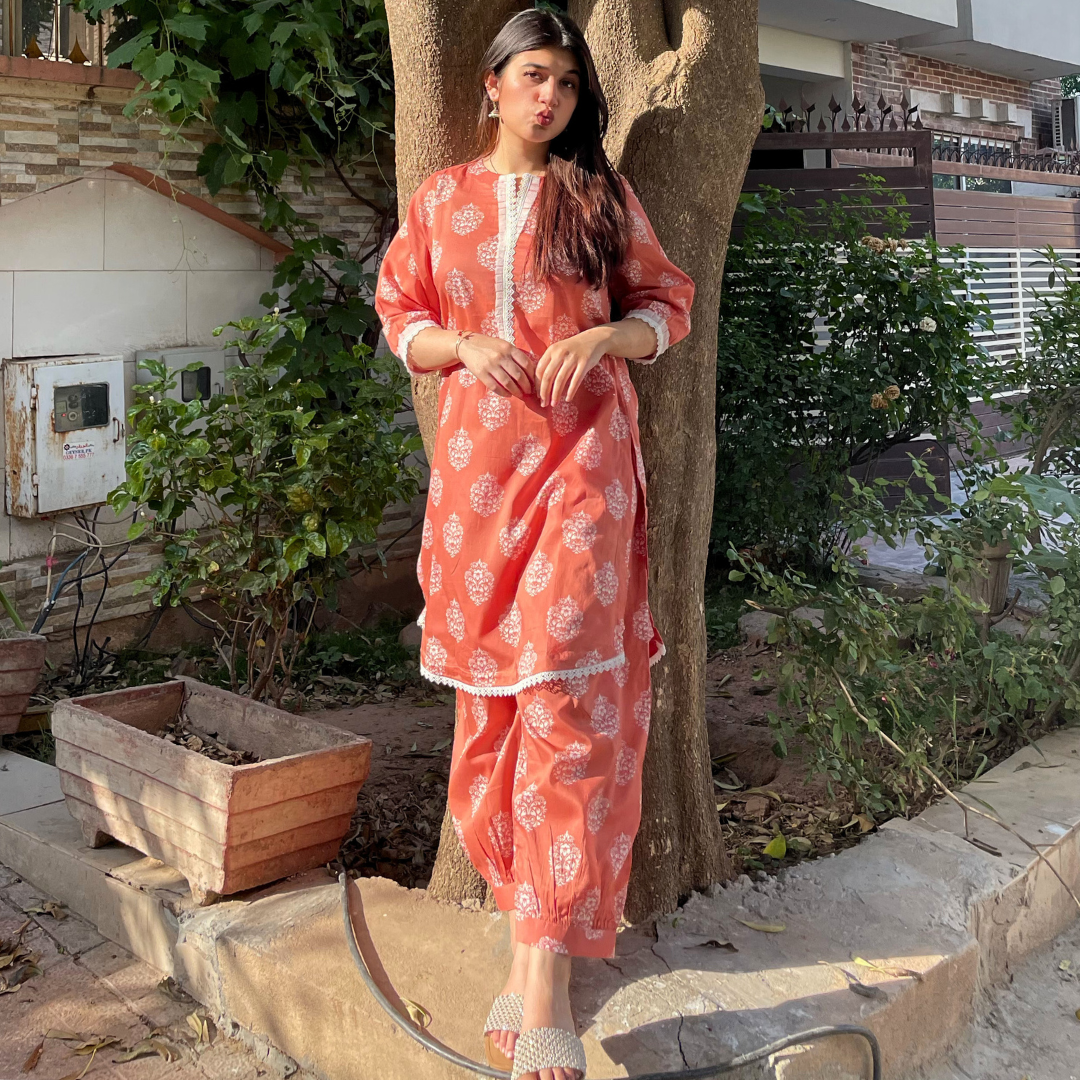 2-piece Printed Coral Lawn Dress with Patyala Style Bottom