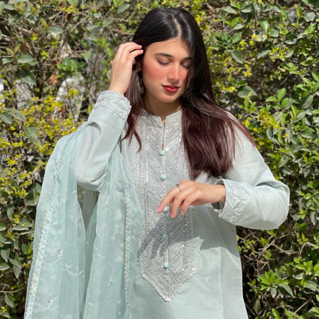 3-piece Embroidered Ice Blue Raw Silk Dress