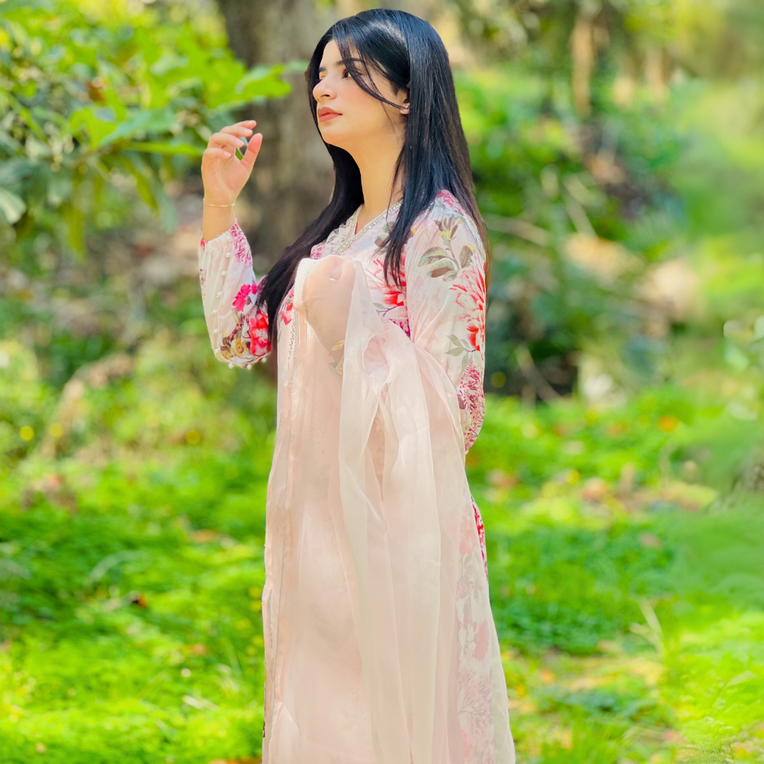 3-piece Bead-worked Pink Printed Chiffon Dress