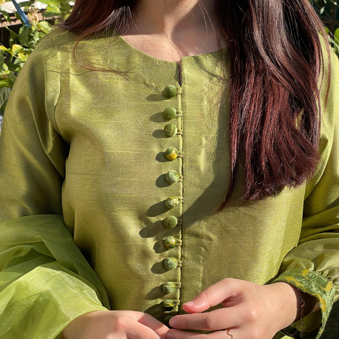 3-piece Apple Green Raw Silk Dress with Plachi Details
