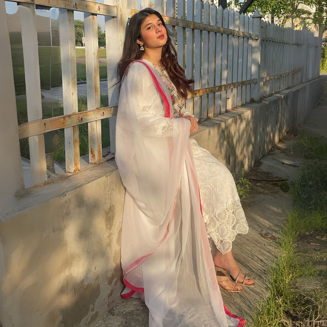 3-piece Embroidered White Crochet Net Dress with Lawn Inner