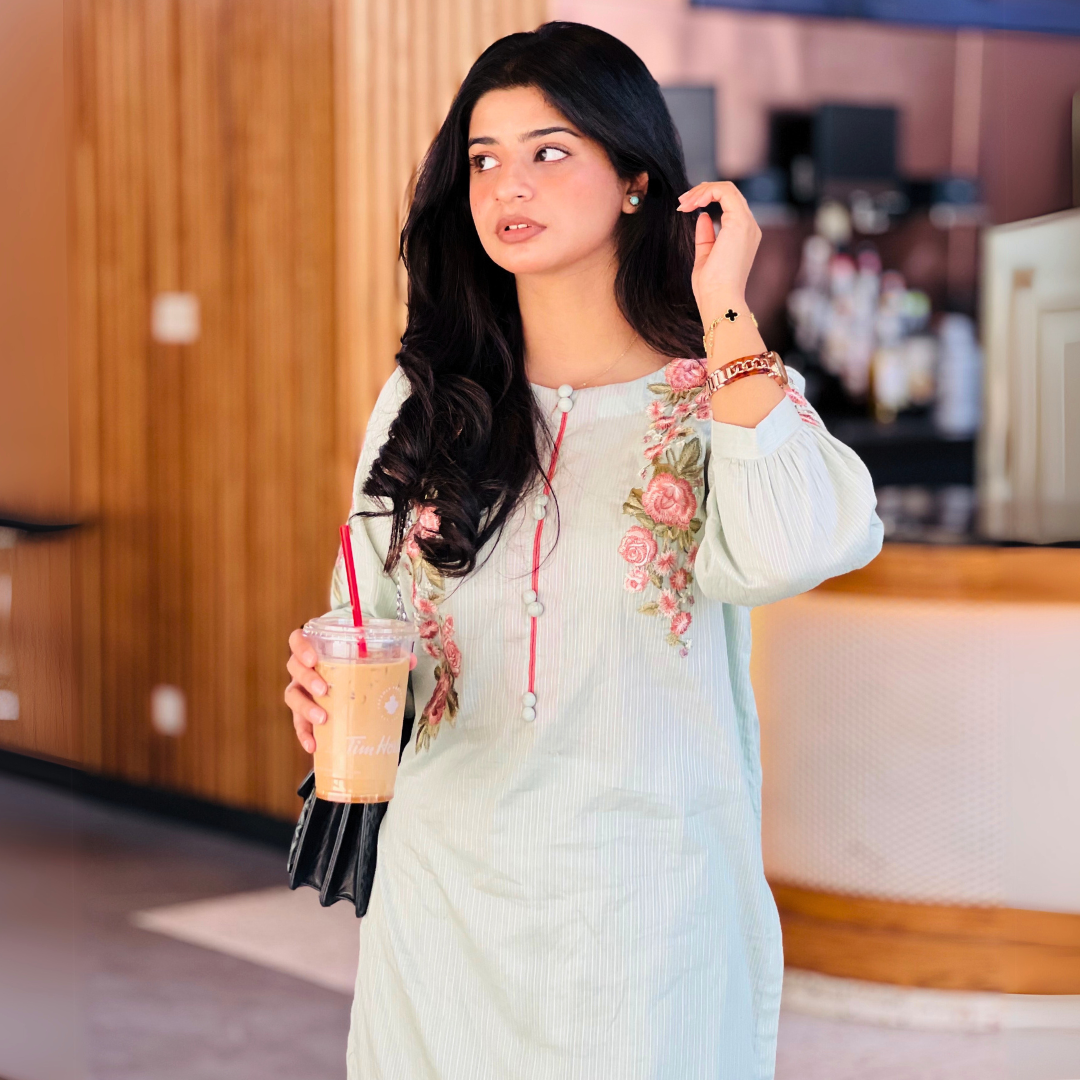 2-piece Embroidered Pistachio Green Doria Lawn Dress with Farshi Shalwar
