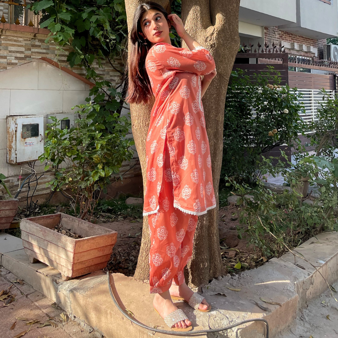 2-piece Printed Coral Lawn Dress with Patyala Style Bottom