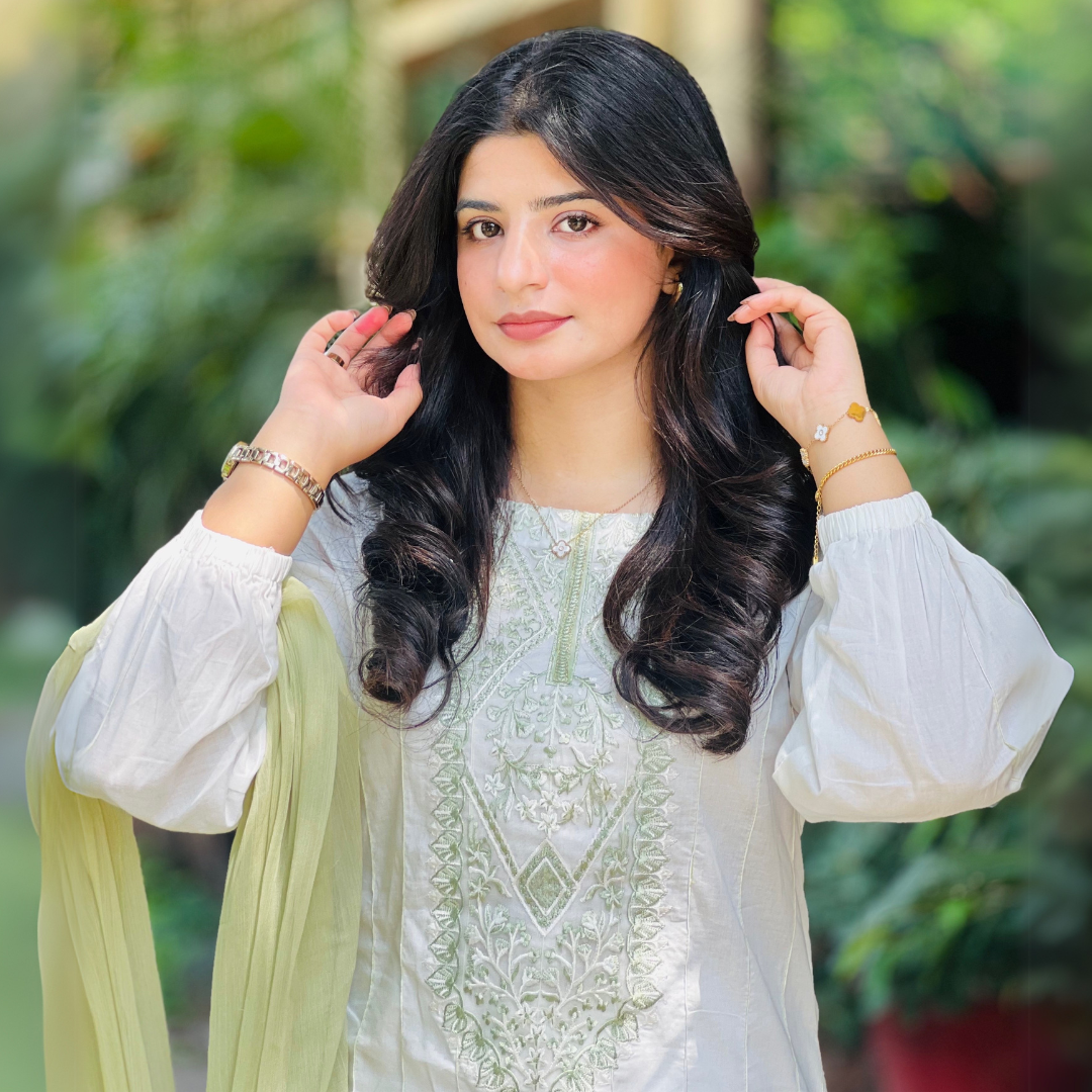 3-piece Embroidered White Lawn Dress with Apple Green Chiffon Dupatta