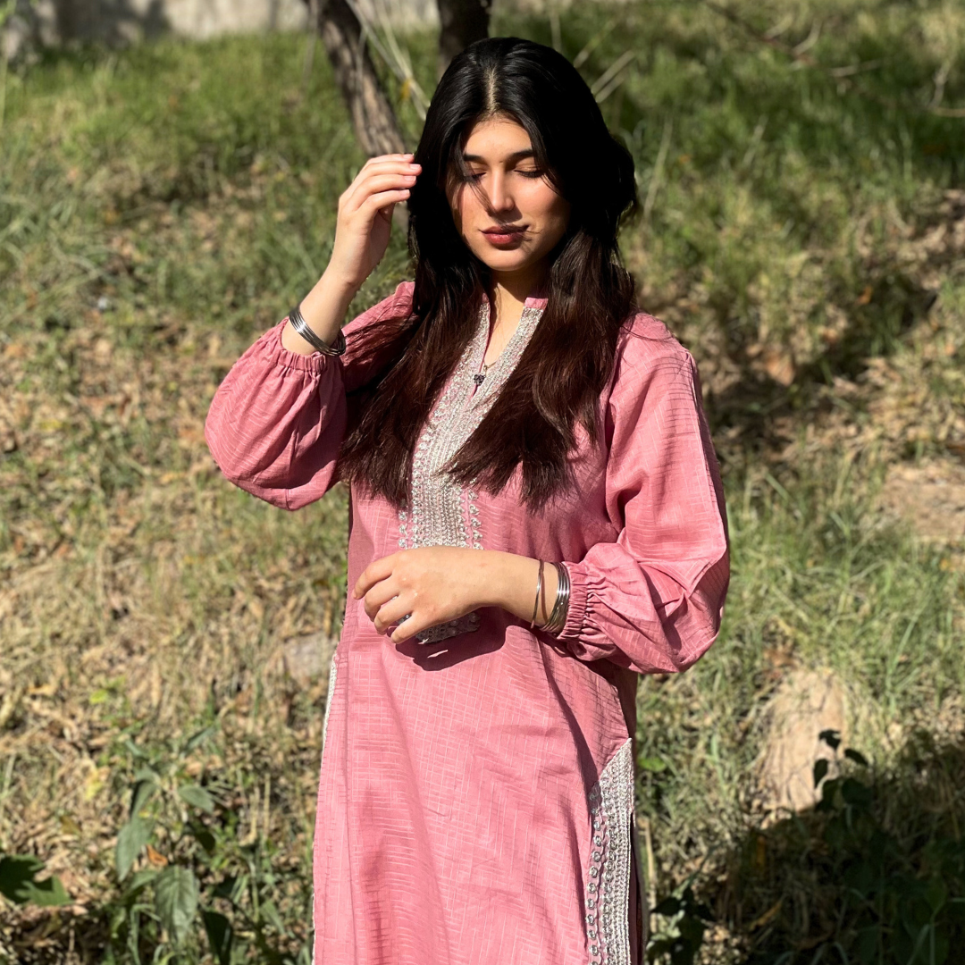 2-piece Embroidered Tea Pink Tarkashi Lawn with Farshi Shalwar