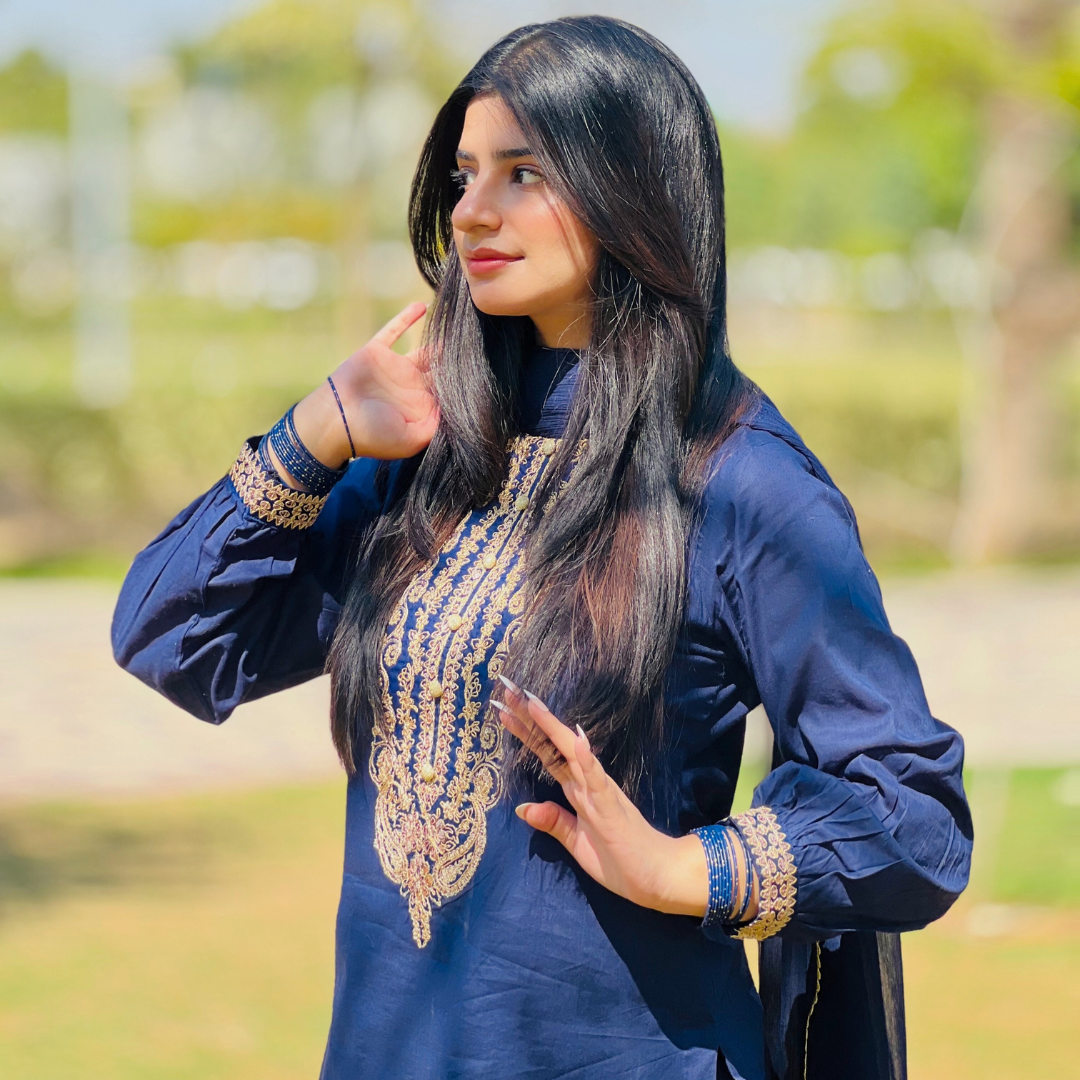 3-piece Embroidered Navy Blue Lawn Short Dress