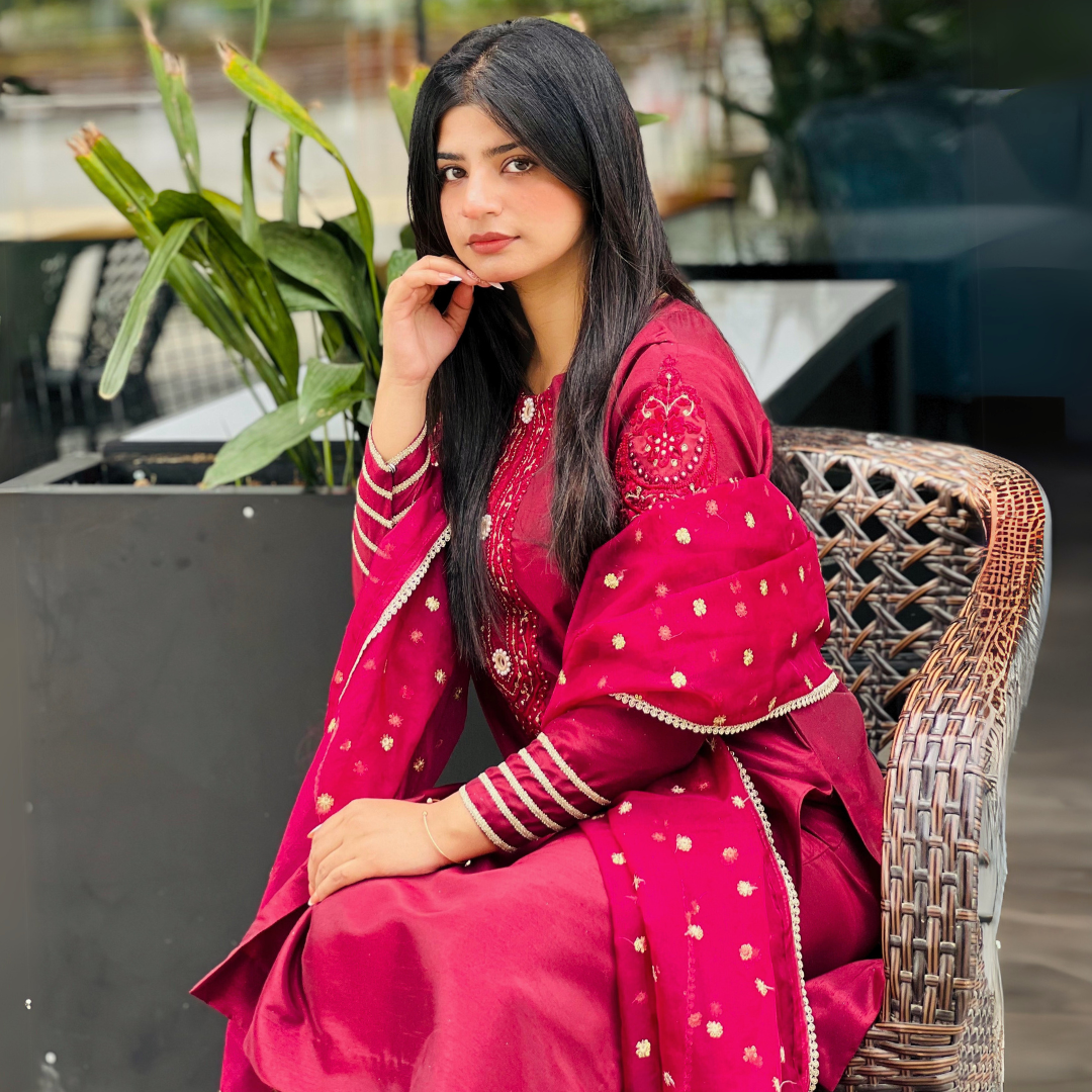 3-piece Embroidered Burgundy Raw Silk Dress
