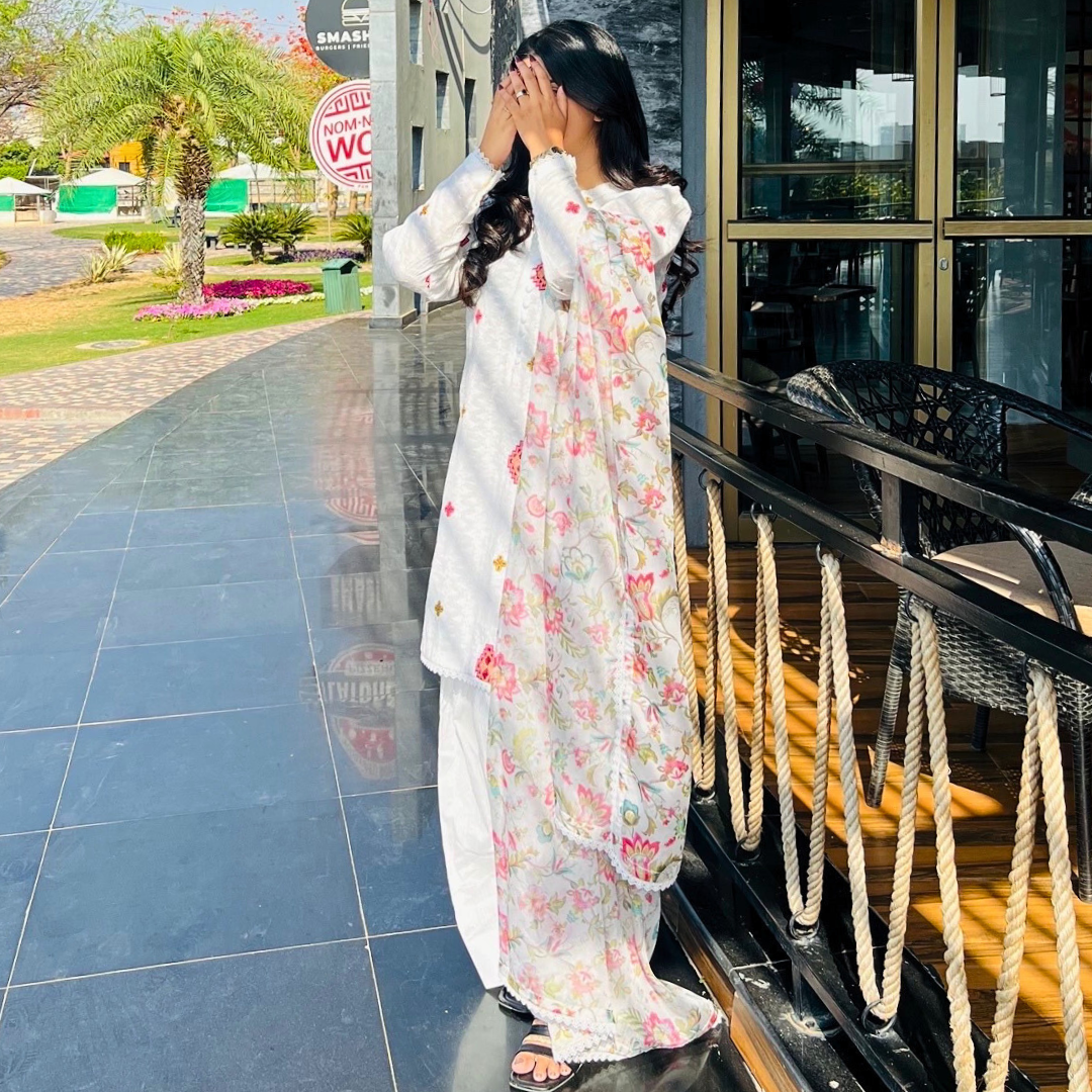 3-piece Embroidered White Chikankari Dress