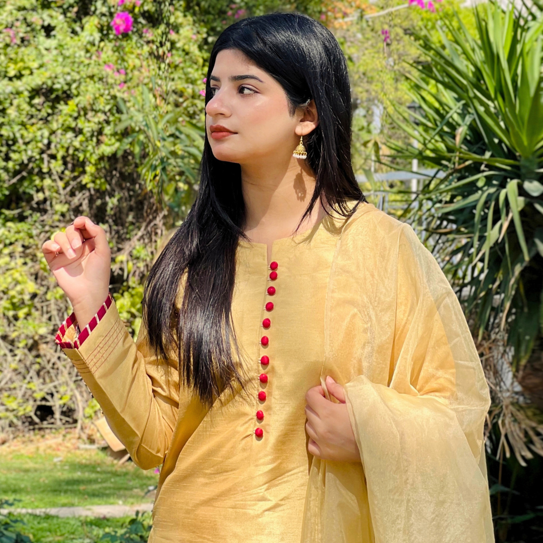3-piece Embroidered Mustard Yellow Raw Silk Dress