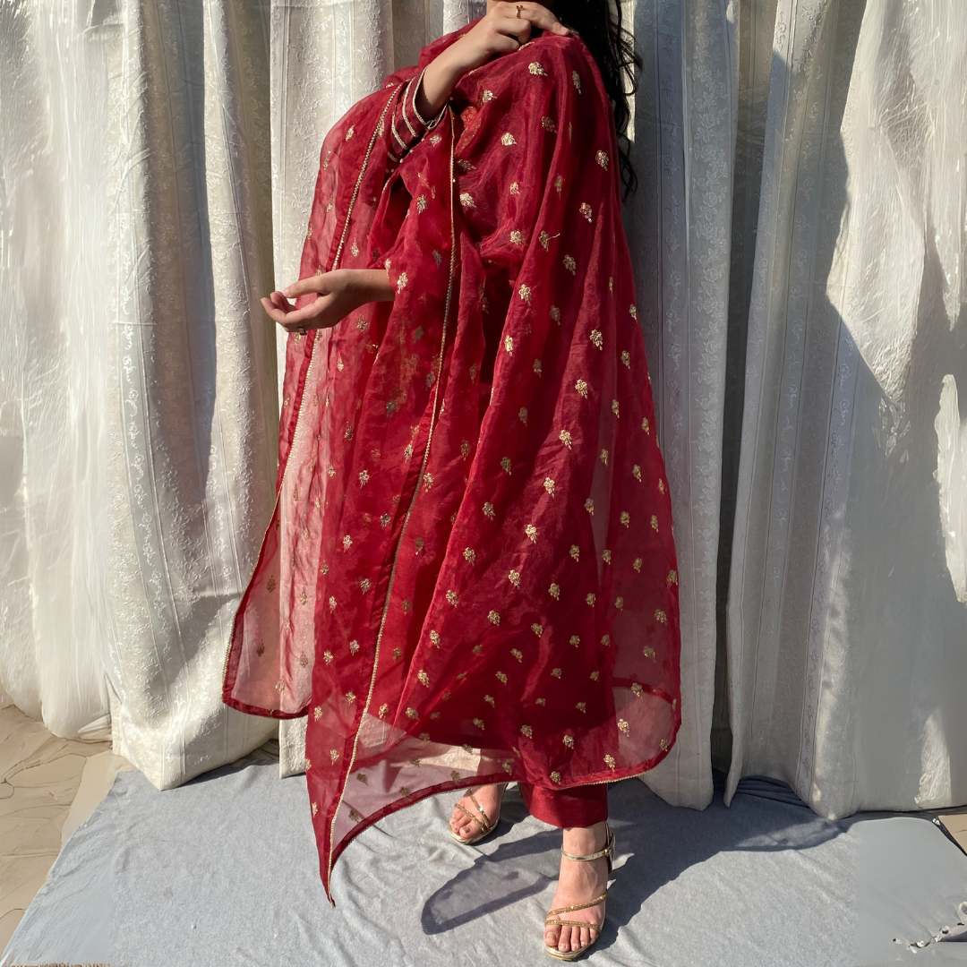 3-piece Embroidered Maroon Raw Silk Dress