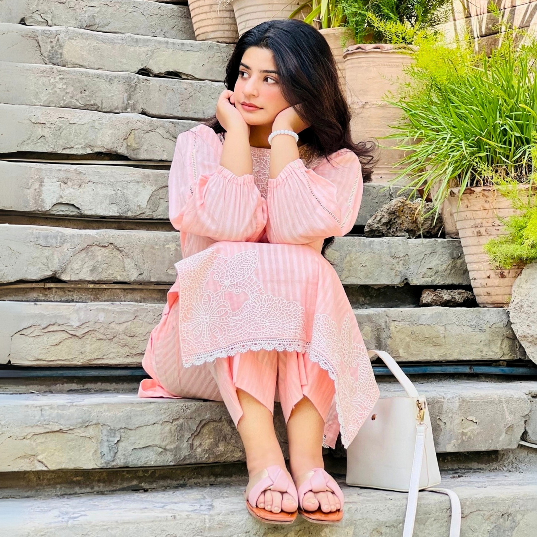 2-piece Peach Self Tarkashi Lawn Dress with Embroidered Patches