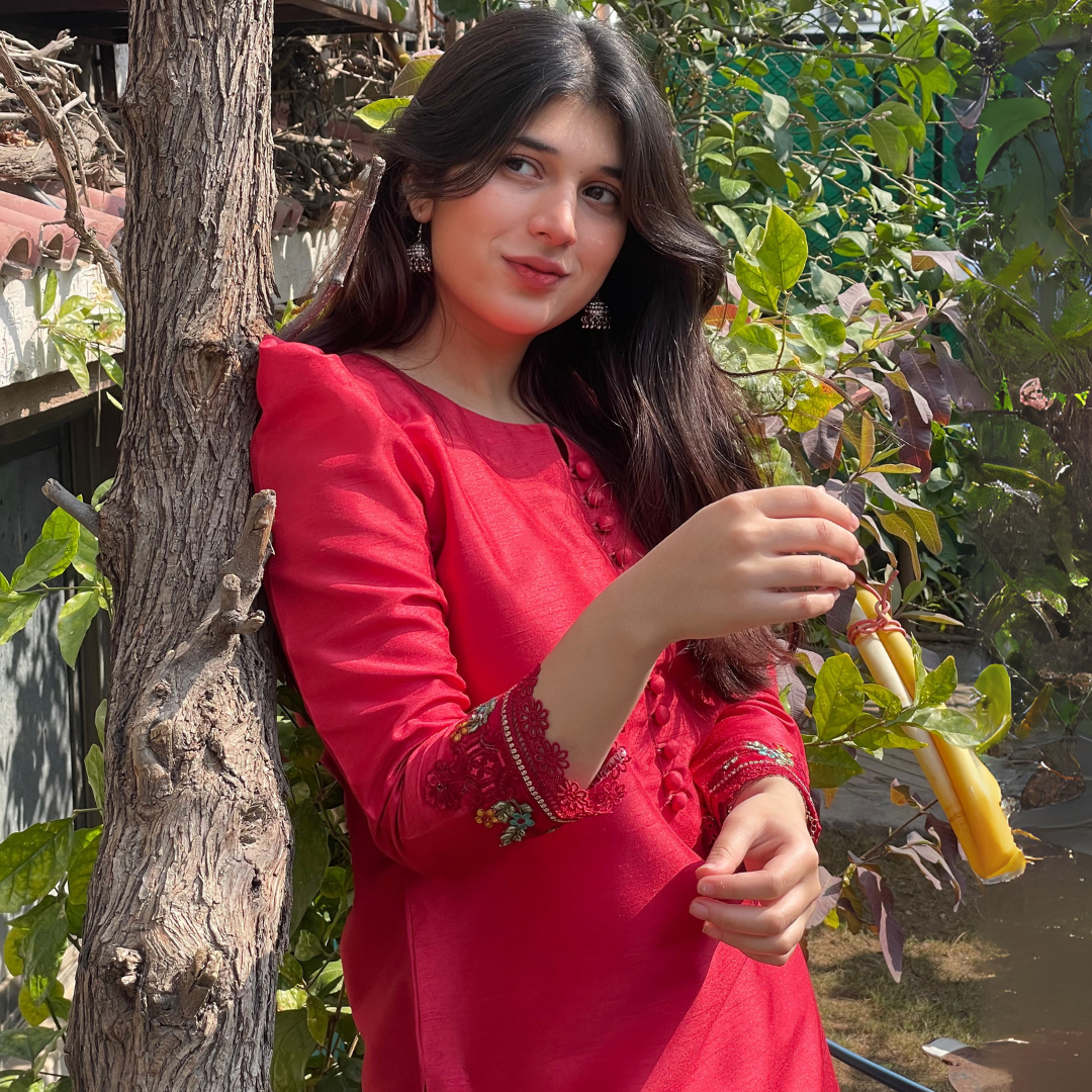 3-piece Embroidered Red Raw Silk Dress