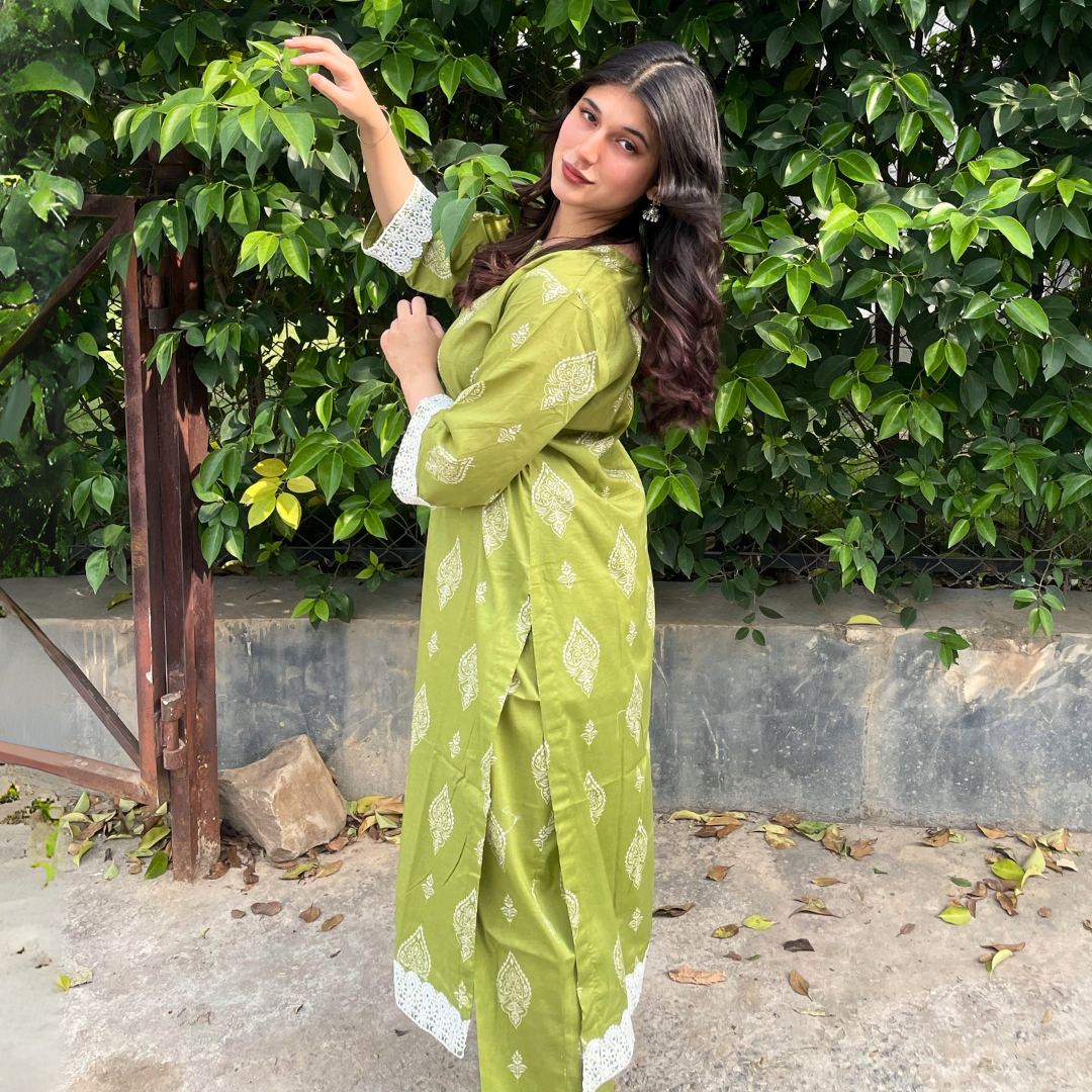 2-piece Digital Printed Green Lawn Dress with Plazo