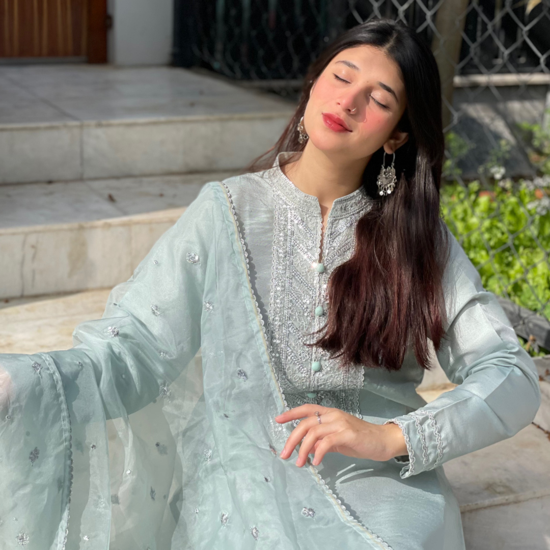3-piece Embroidered Ice Blue Raw Silk Dress