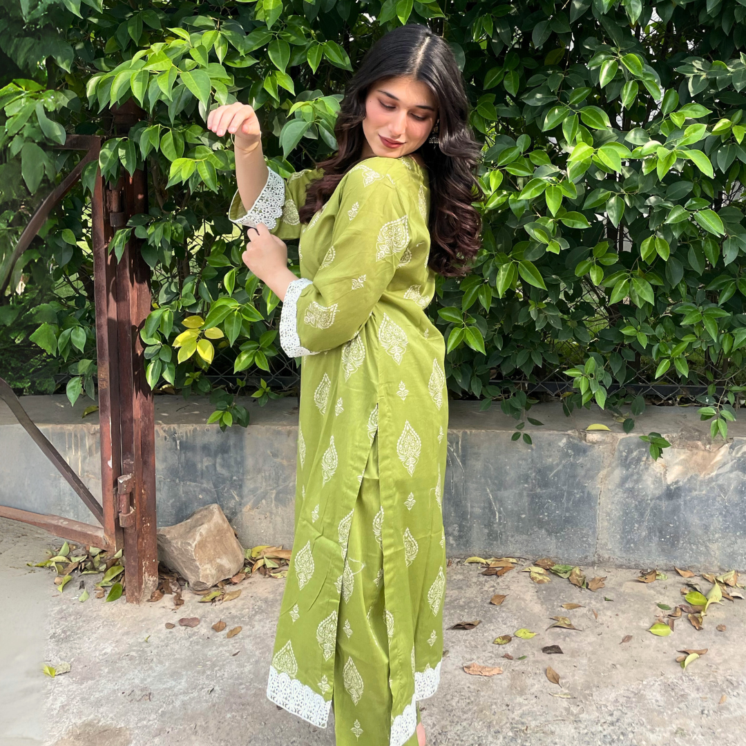 2-piece Digital Printed Green Lawn Dress with Plazo