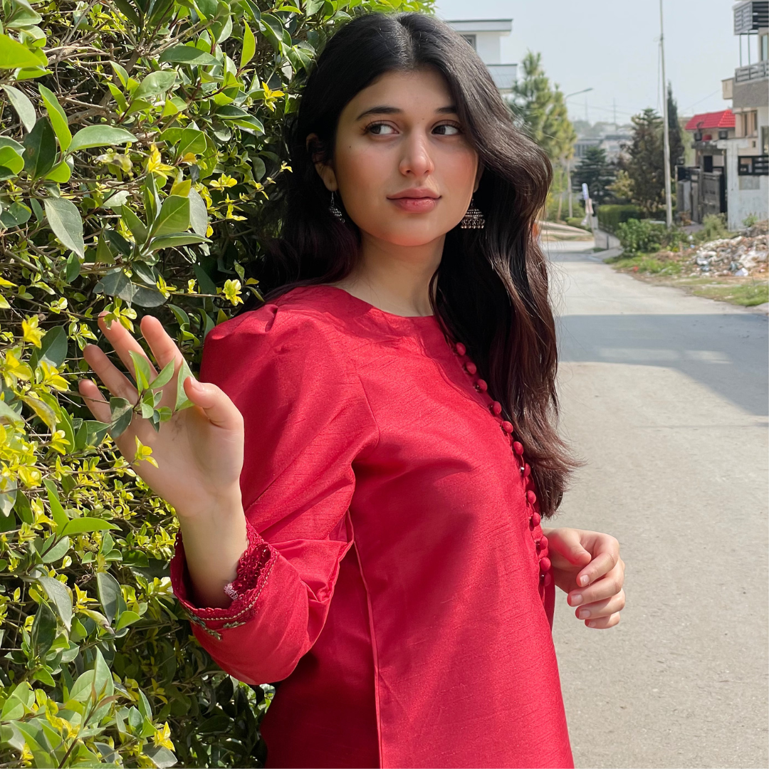 3-piece Embroidered Red Raw Silk Dress