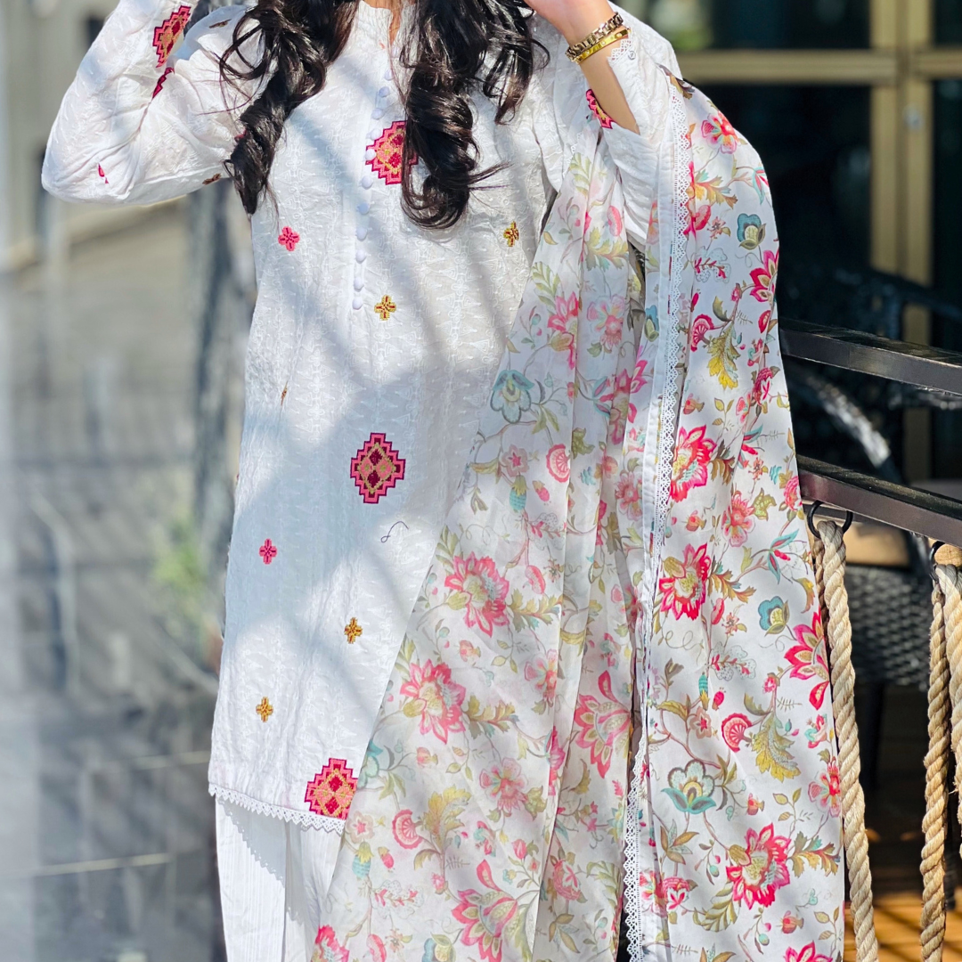 3-piece Embroidered White Chikankari Dress