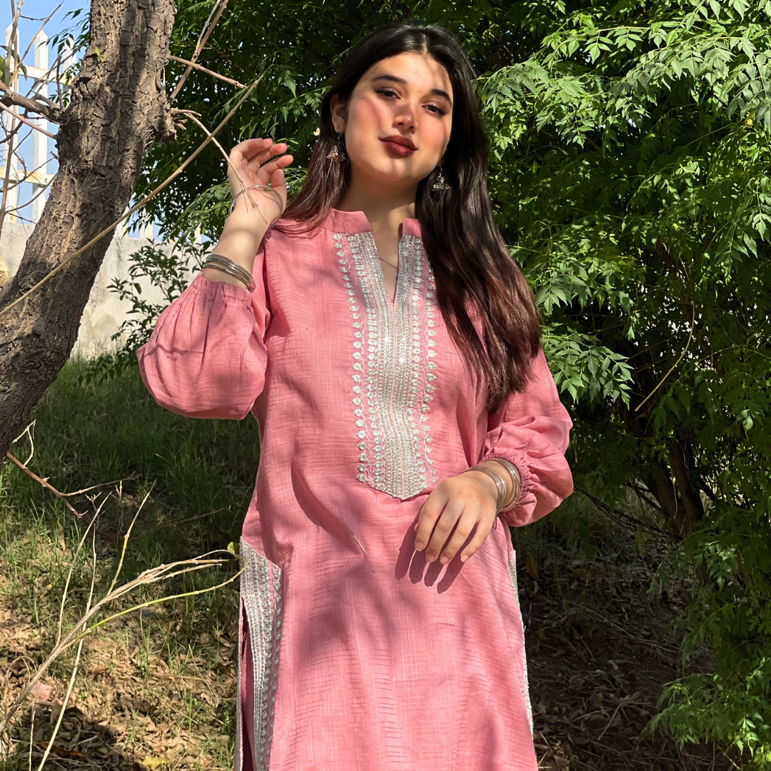 2-piece Embroidered Tea Pink Tarkashi Lawn with Farshi Shalwar