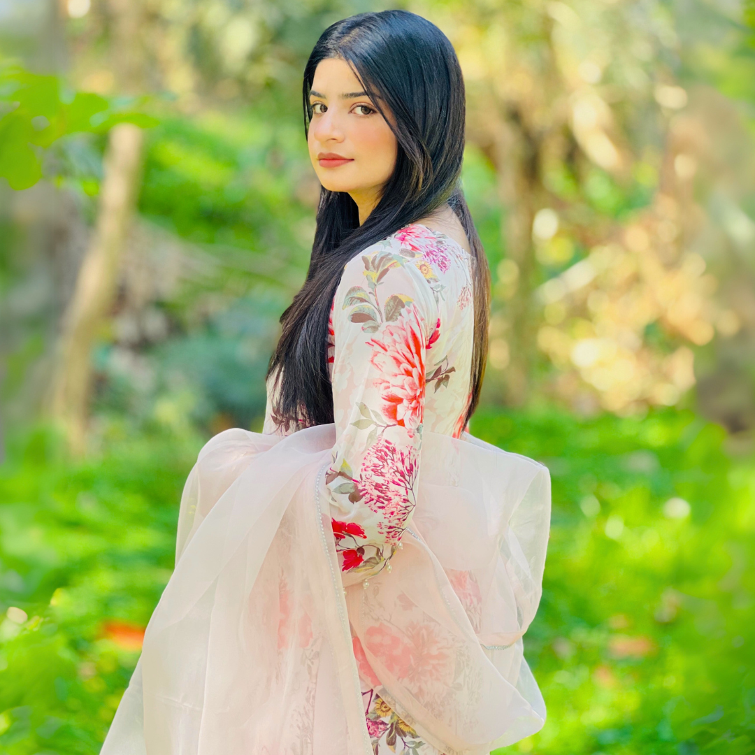 3-piece Bead-worked Pink Printed Chiffon Dress
