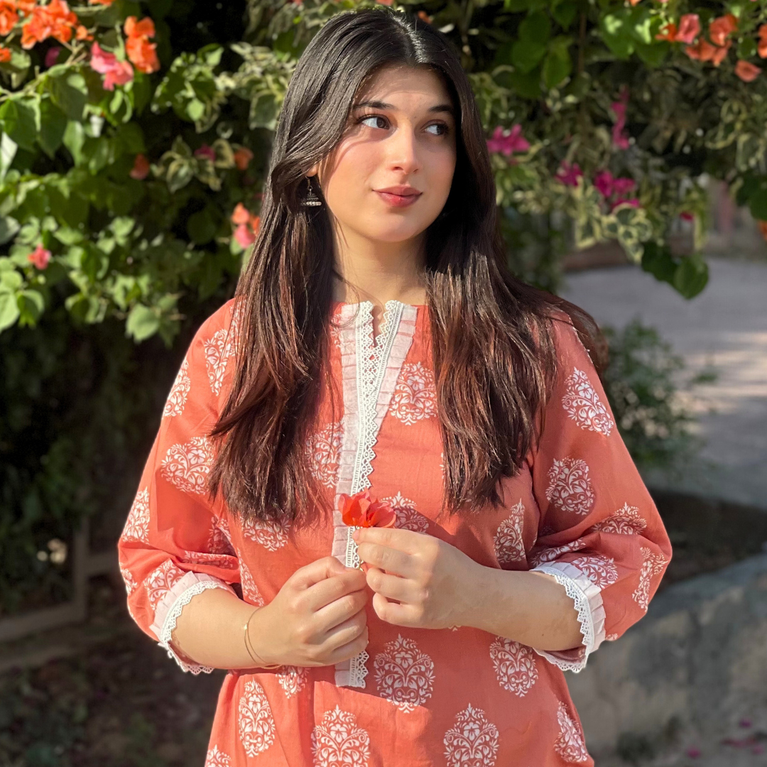 2-piece Printed Coral Lawn Dress with Patyala Style Bottom