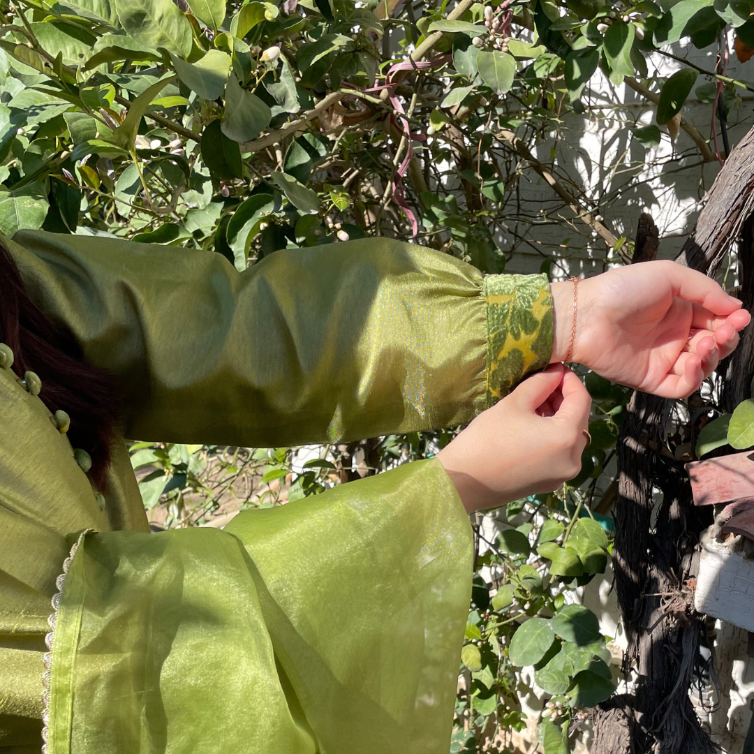3-piece Apple Green Raw Silk Dress with Plachi Details