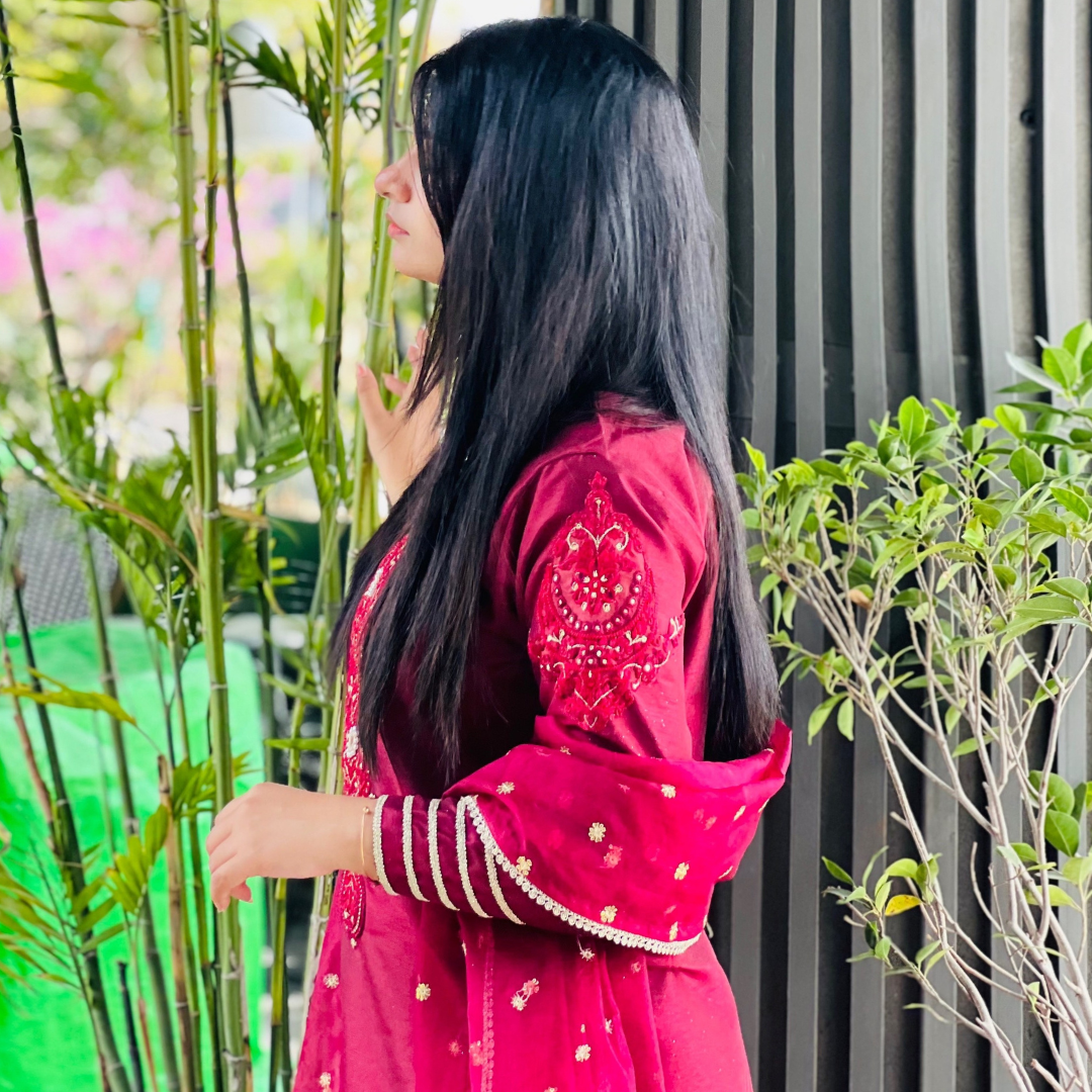 3-piece Embroidered Burgundy Raw Silk Dress
