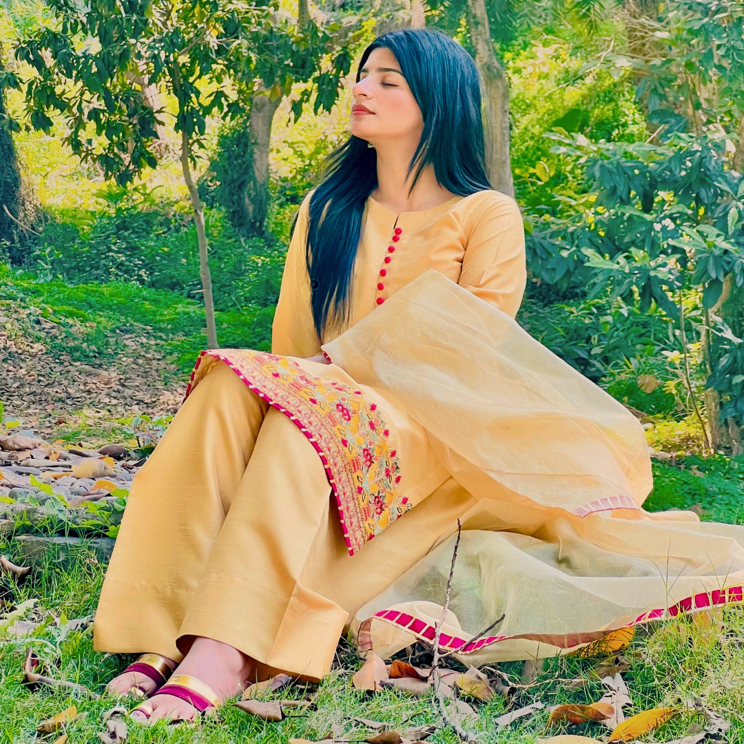 3-piece Embroidered Mustard Yellow Raw Silk Dress