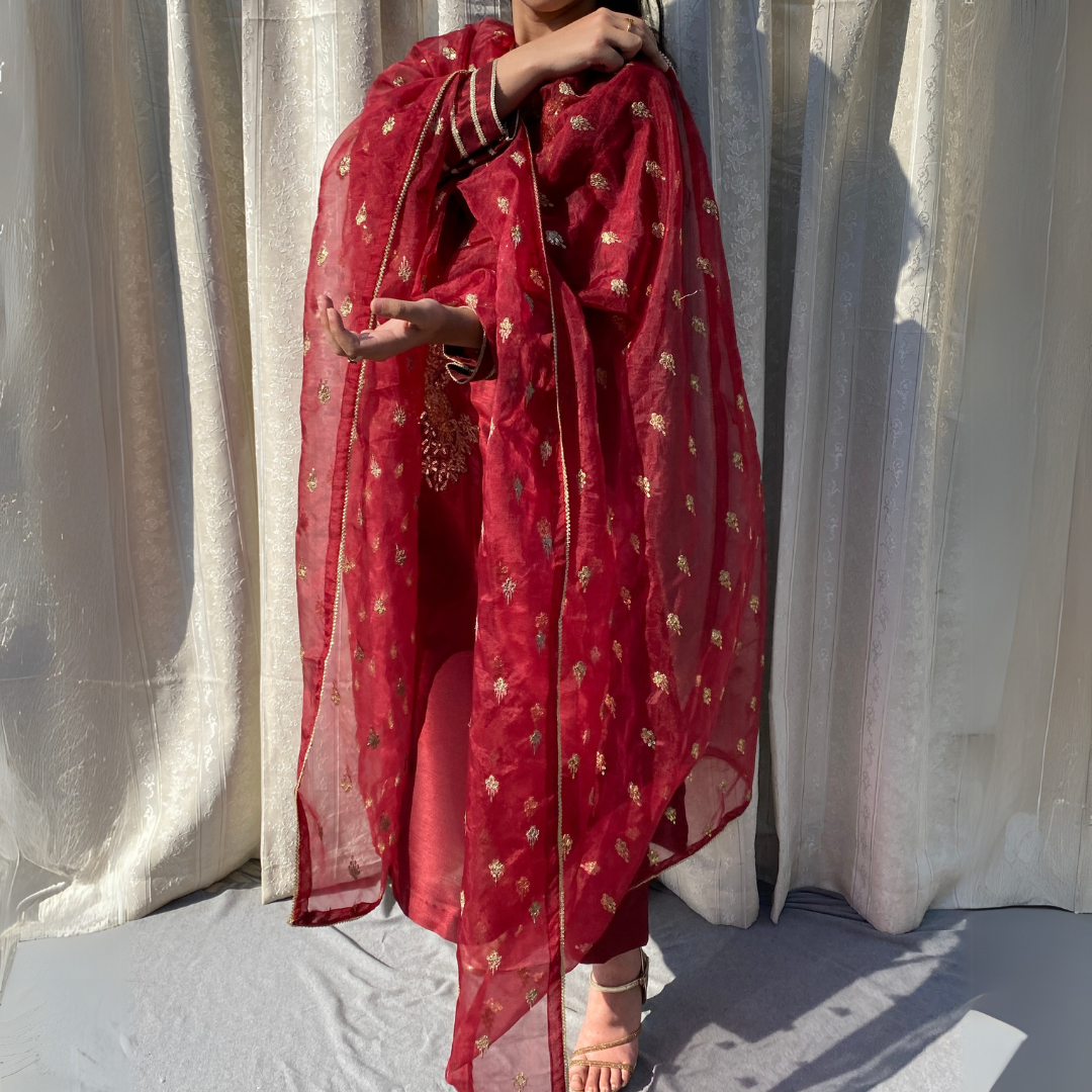 3-piece Embroidered Maroon Raw Silk Dress
